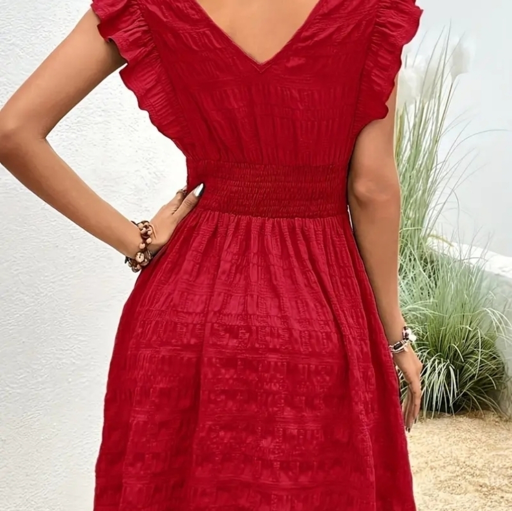 V Neck Red Fit and Flair Red Dress size Small. Elegant Ruffle Fun/ Flirty New - Picture 2 of 3